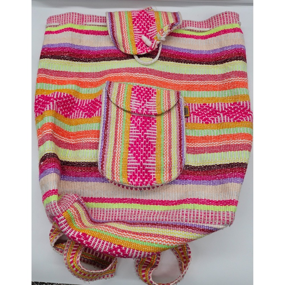PINZON Woven Striped Backpack Colorful Hippie Boho Drawstring Travel Bag‎